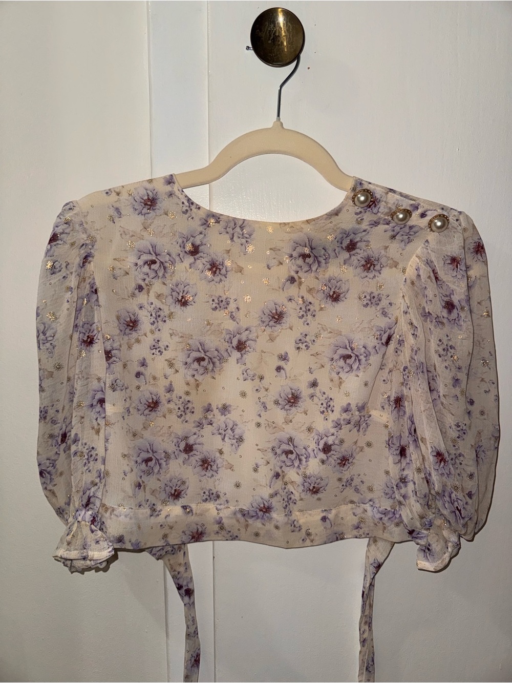 Nasty Gal Cream Blouse with Lavender Floral Print